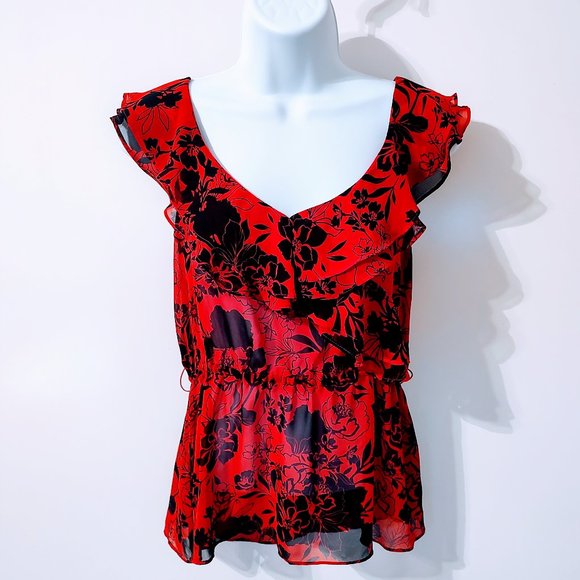 Women's Express Red and Black XS Sheer Top with Ruffled Sleeves with Belt Loops - Picture 1 of 7